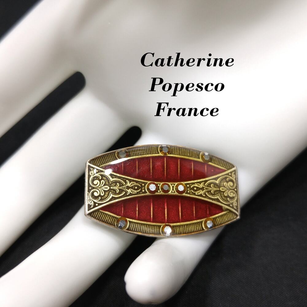Catherine Popesco Red Enamel Art Deco Brooch, Rhinestones Under Enamel, France